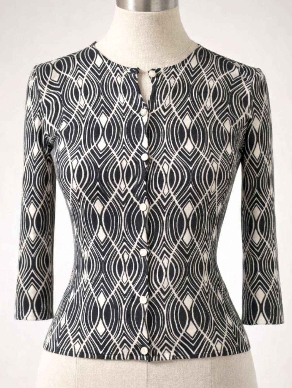 LOFT Geometric Cardigan Black Cream Pima Cotton XS Petite